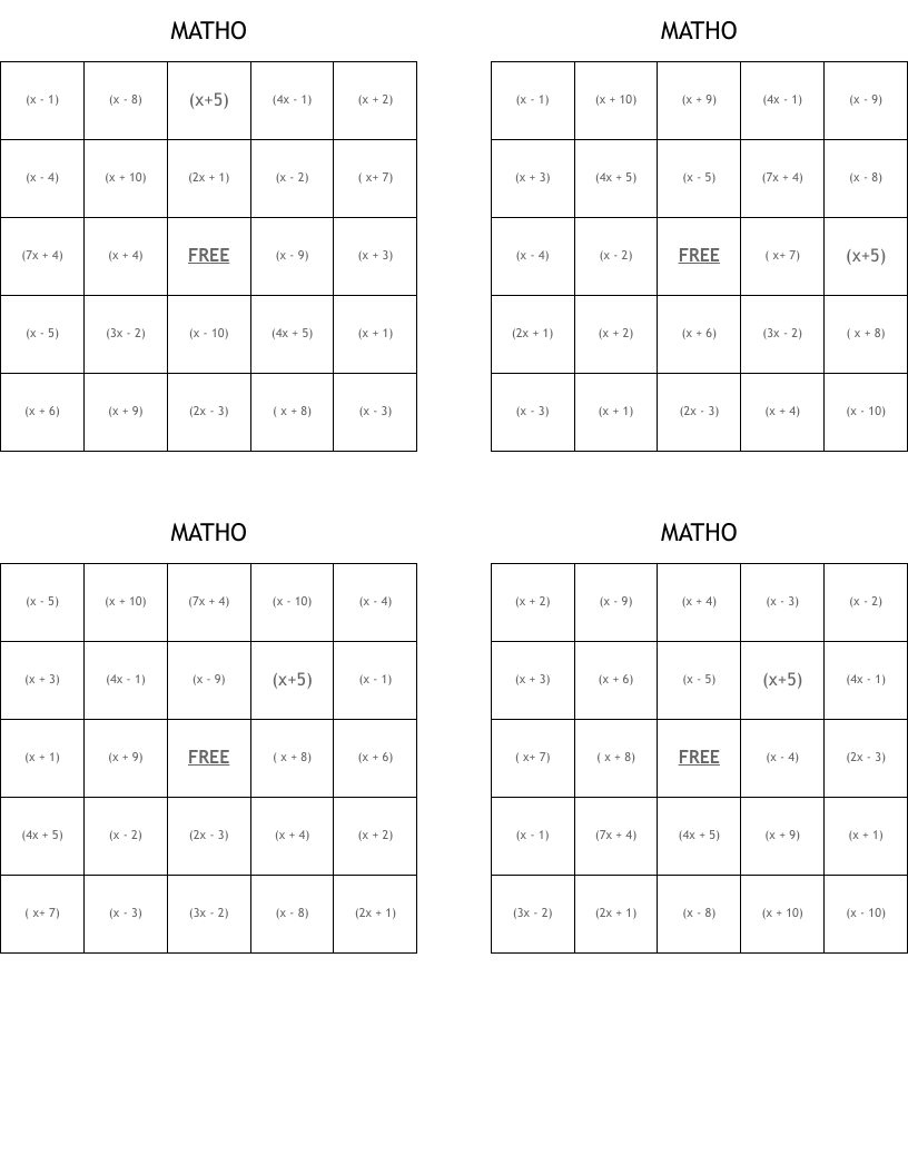 MATHO Bingo Cards