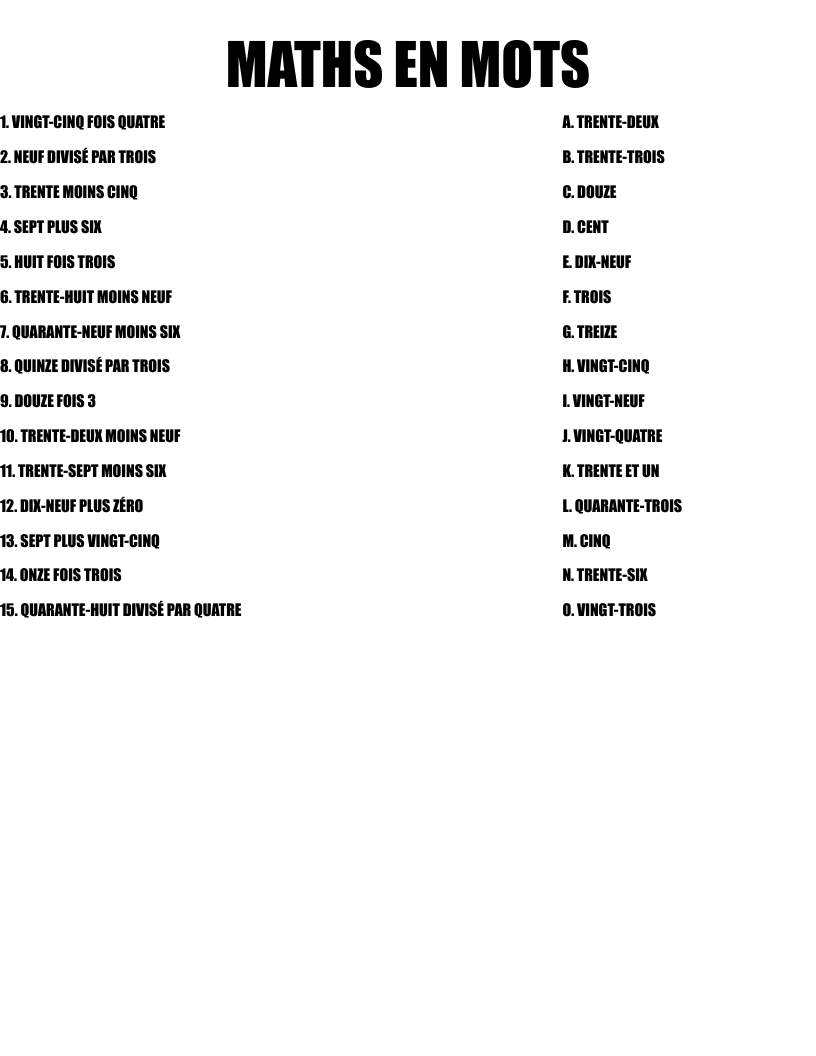 MATHS EN MOTS Worksheet
