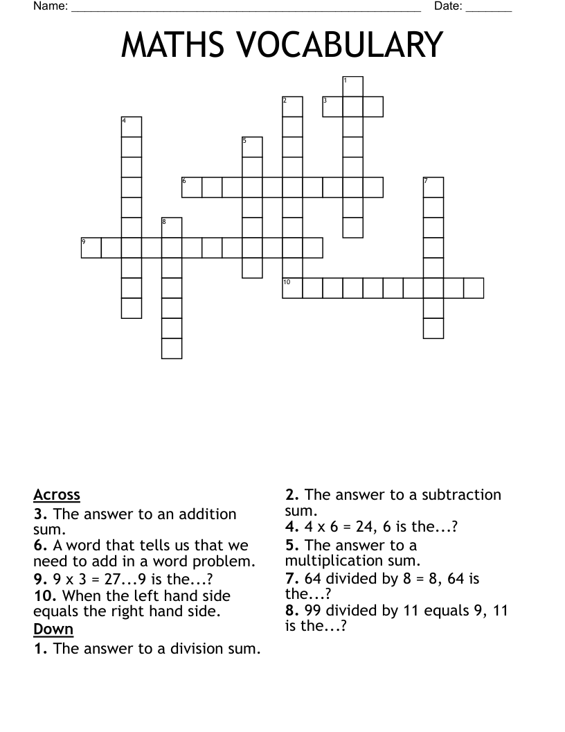 MATHS VOCABULARY Crossword