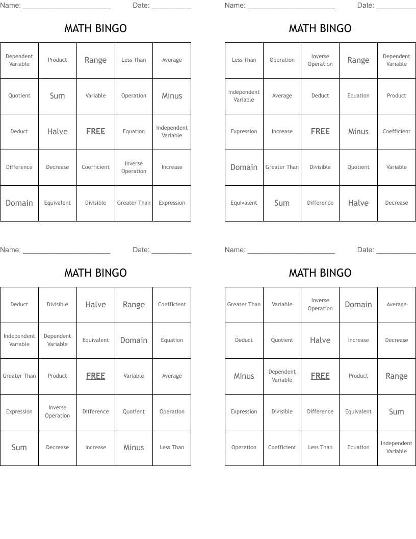 MATH BINGO