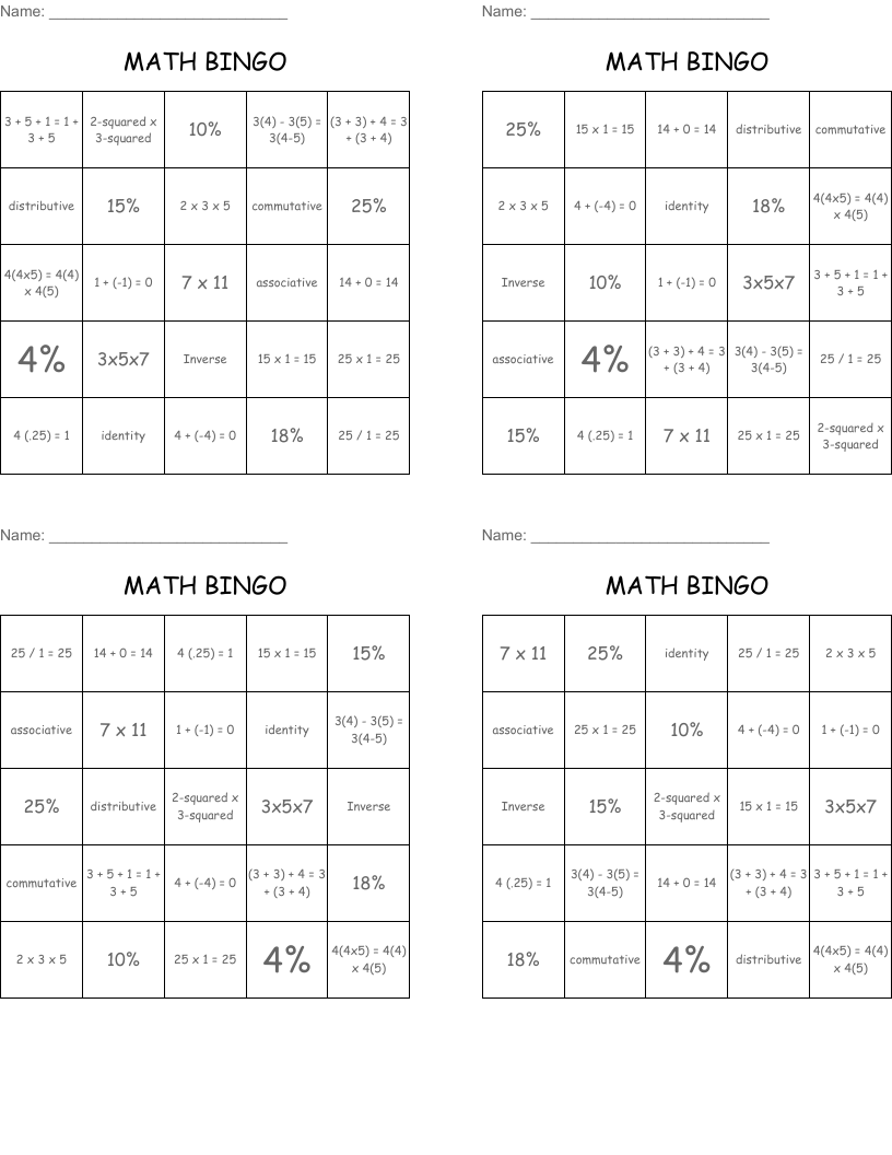 MATH BINGO