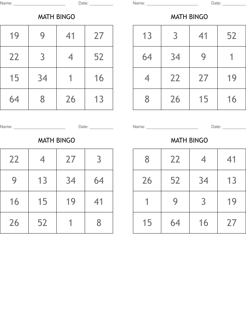 MATH BINGO