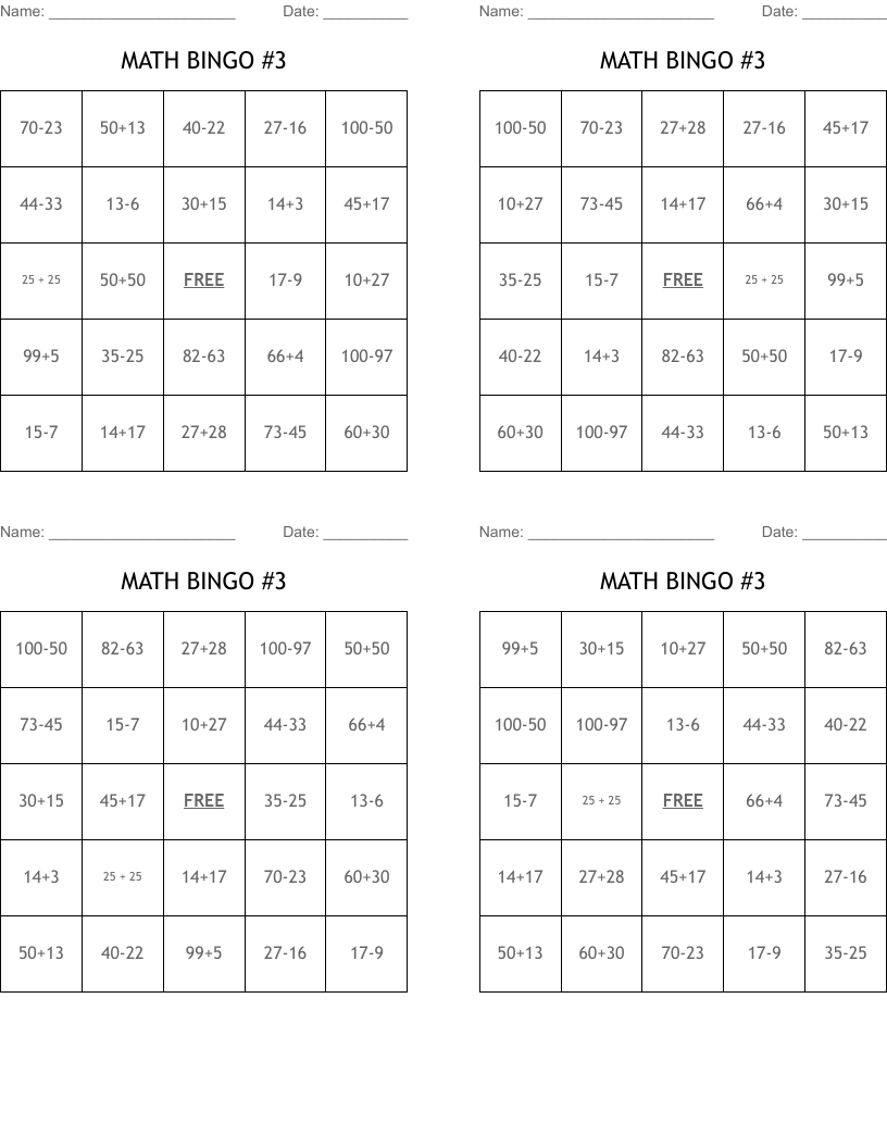 MATH BINGO #3