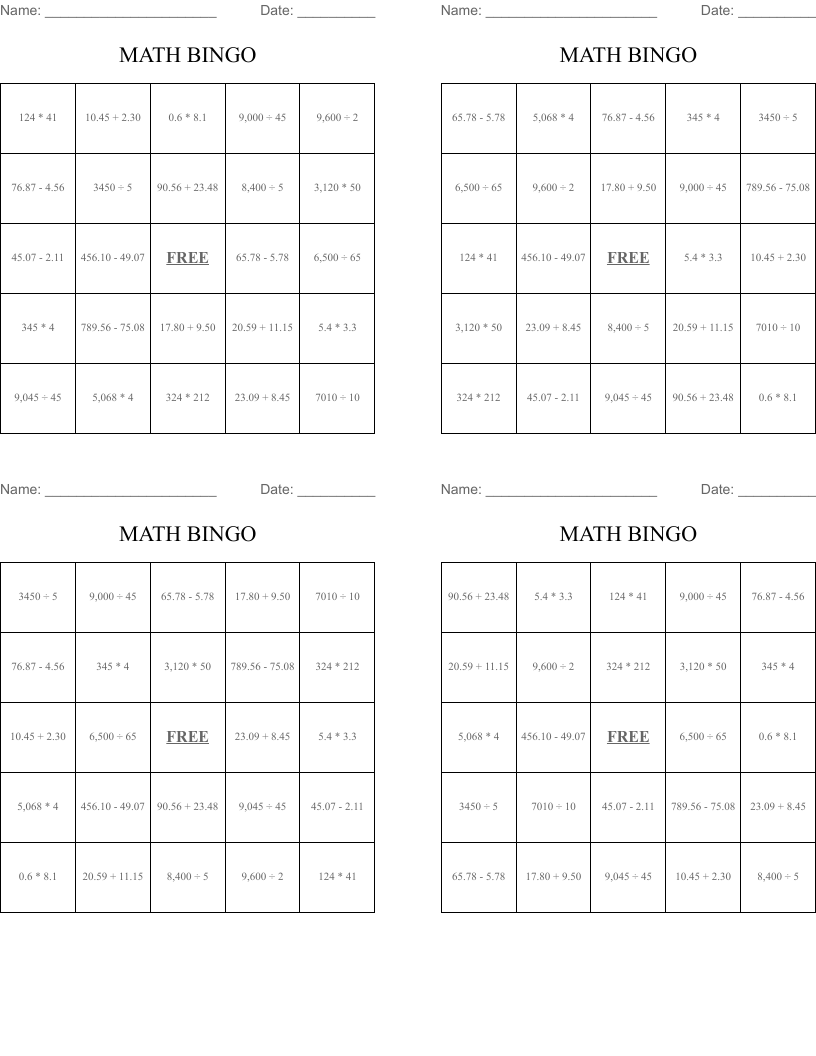 MATH BINGO