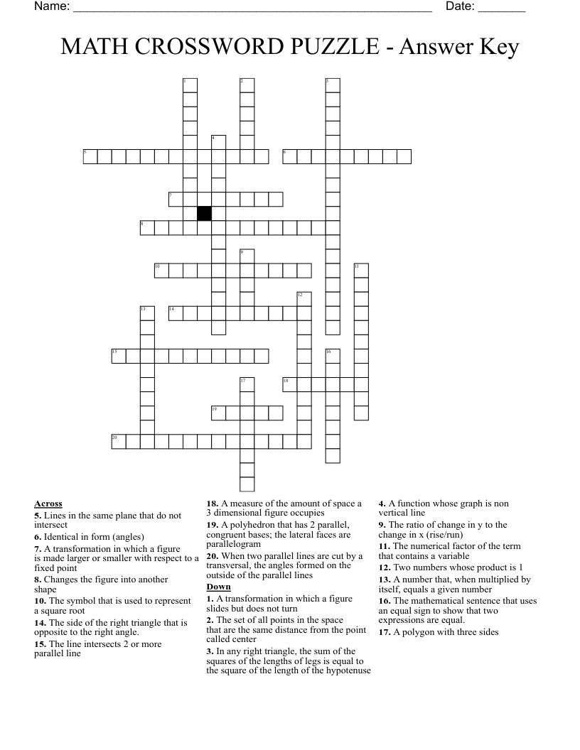 MATH CROSSWORD PUZZLE - Answer Key