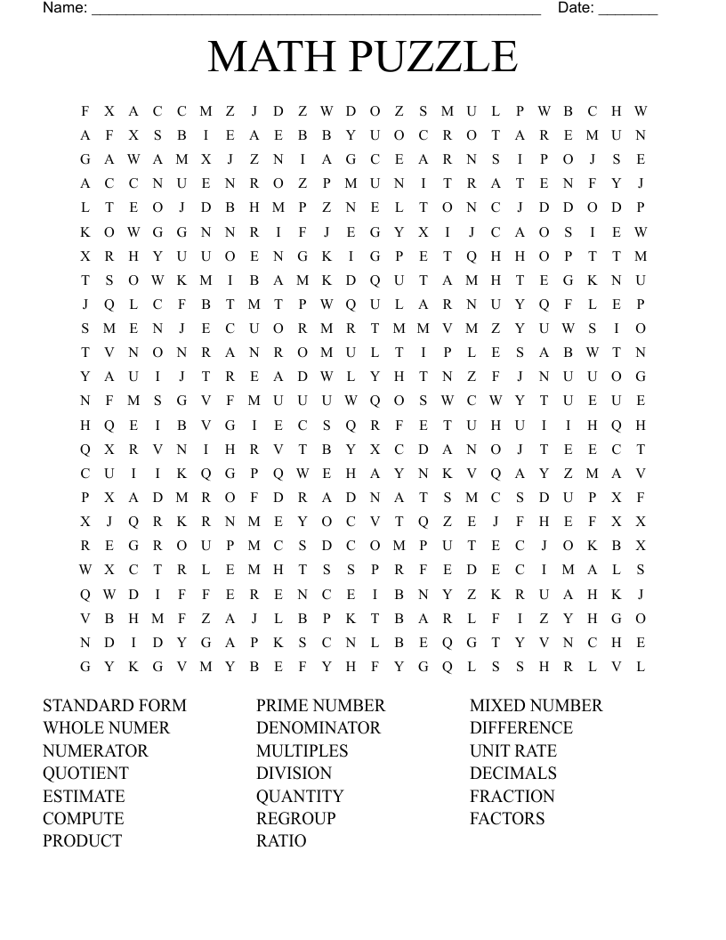 MATH PUZZLE Word Search