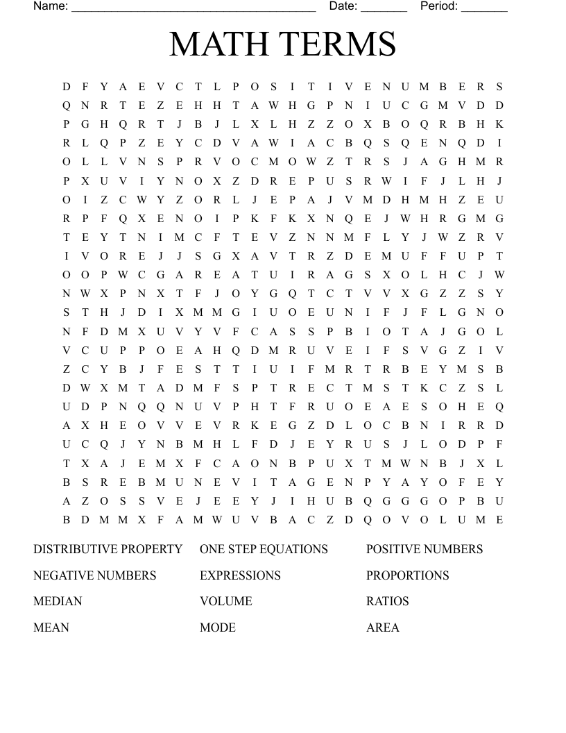 MATH TERMS Word Search