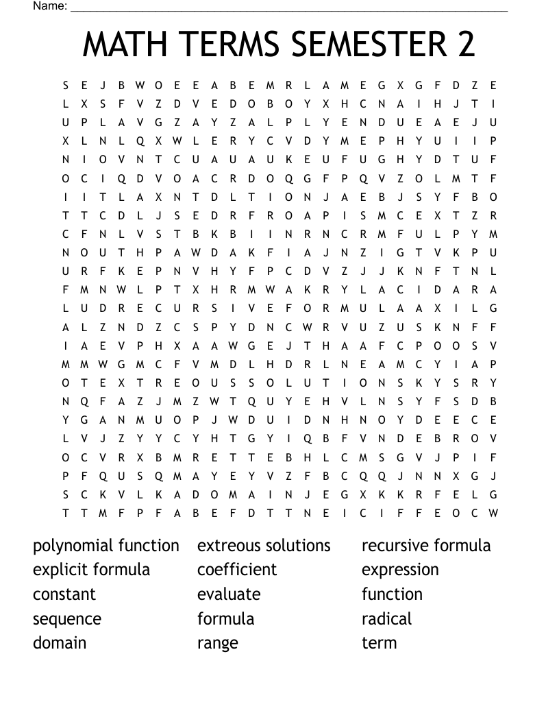 MATH TERMS SEMESTER 2 Word Search