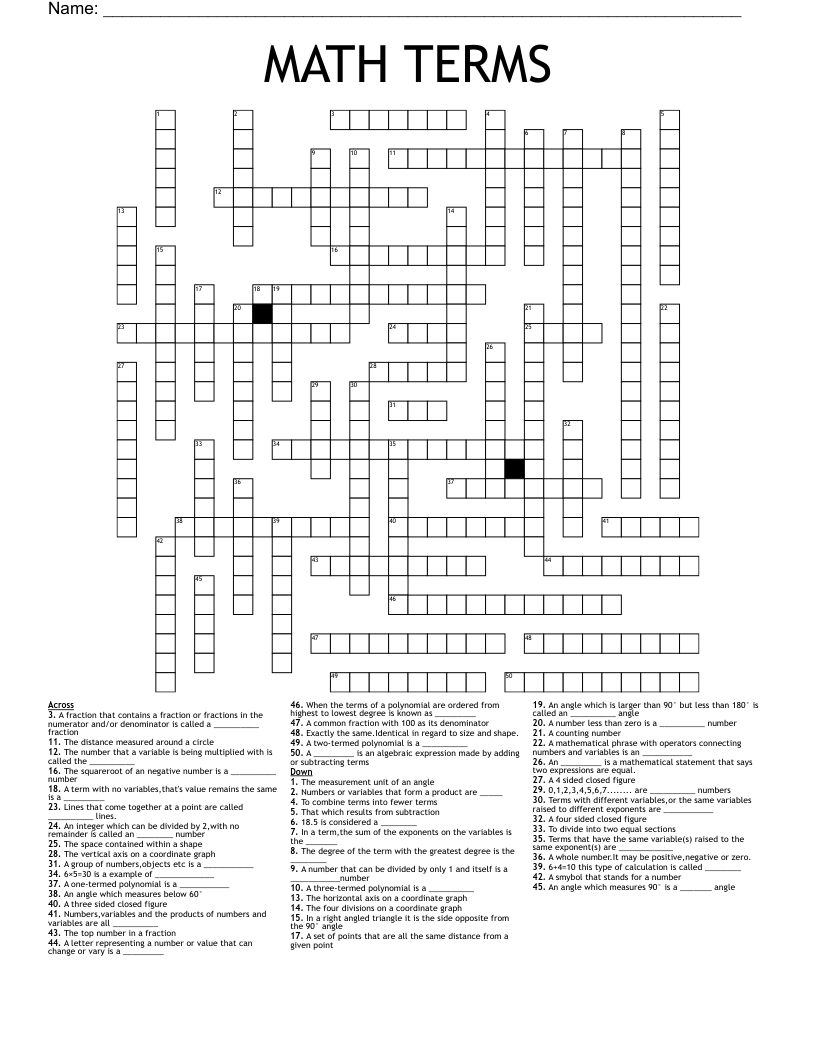 MATH TERMS  Crossword