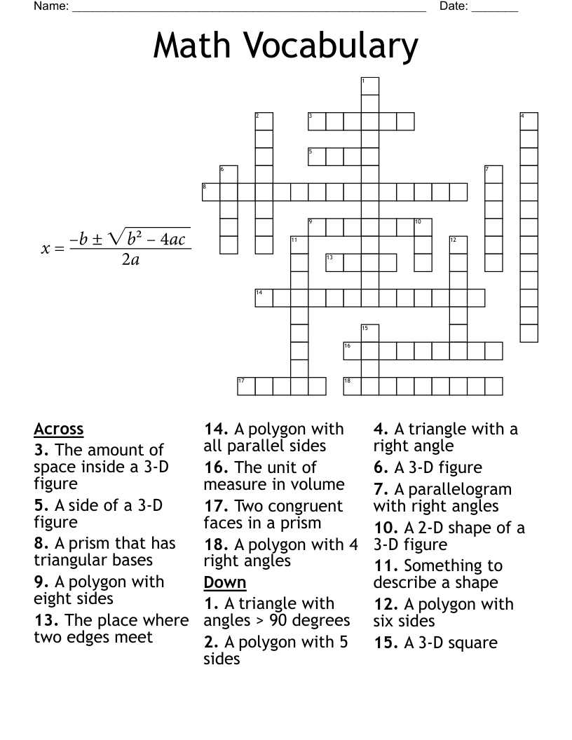 Math Vocabulary Crossword