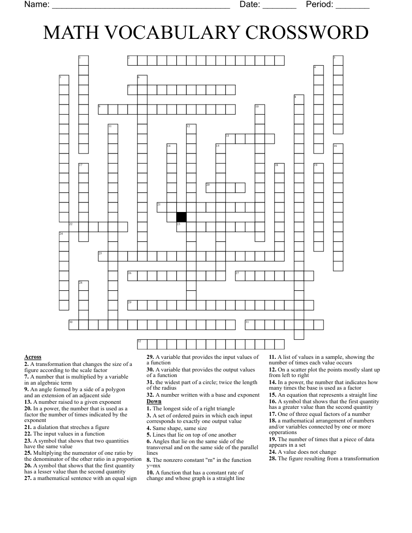 MATH VOCABULARY CROSSWORD