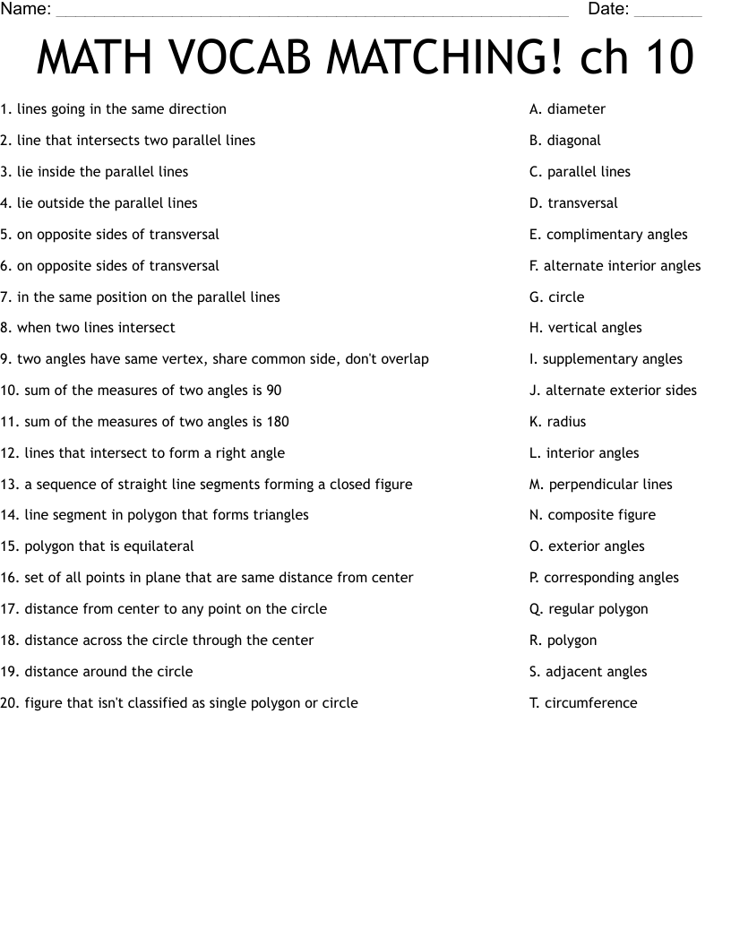 MATH VOCAB MATCHING! ch 10 Worksheet