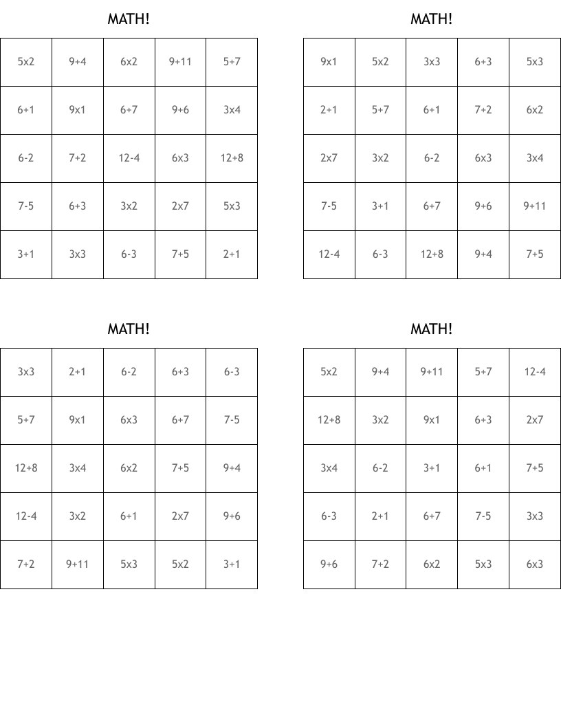 MATH!  Bingo Cards
