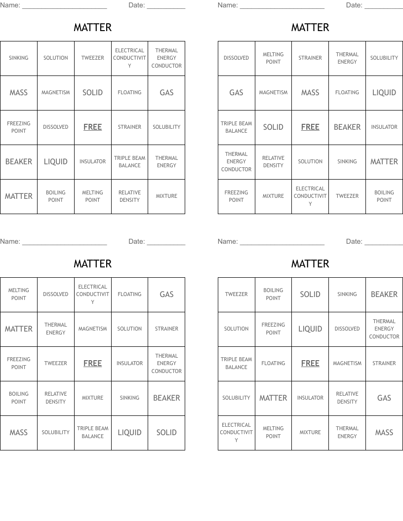 MATTER Bingo Cards