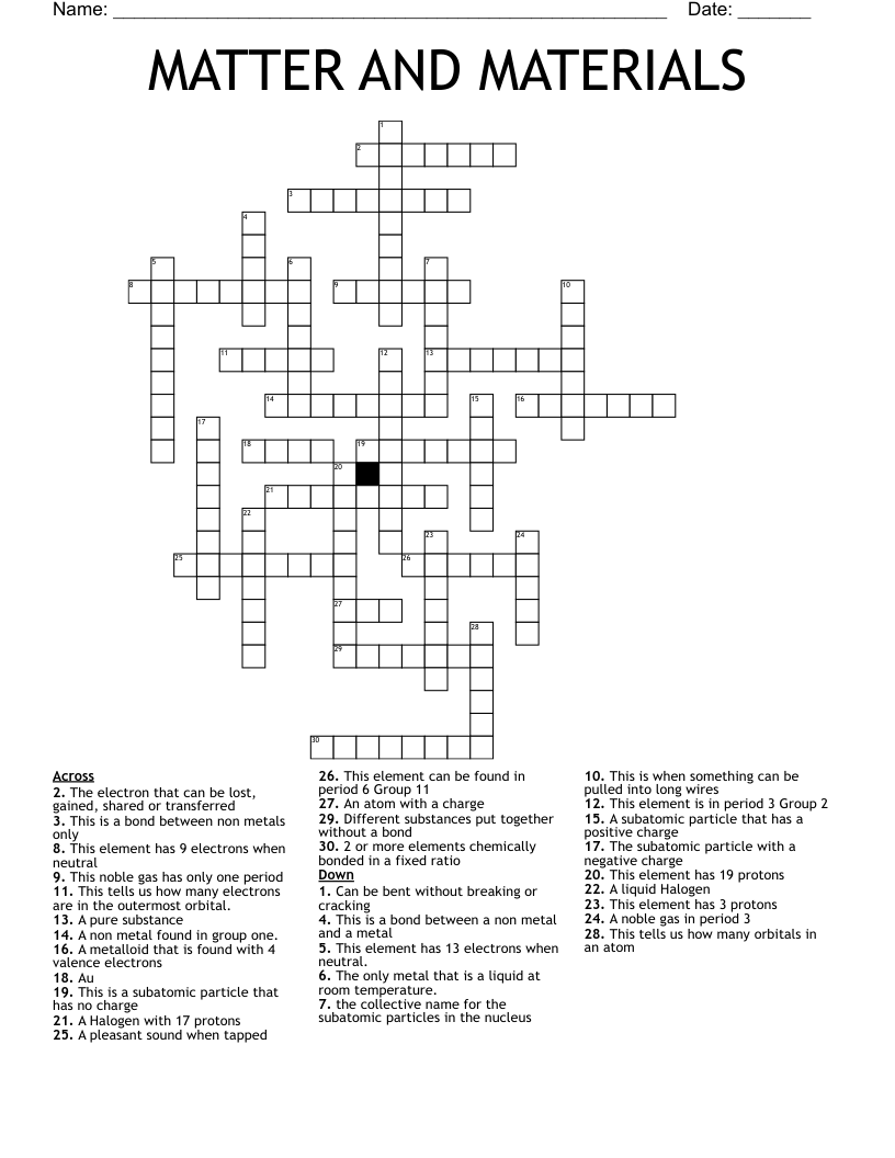 MATTER AND MATERIALS Crossword
