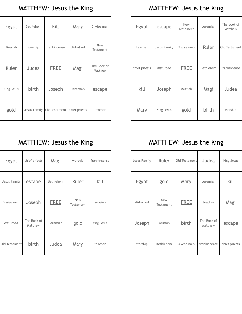 MATTHEW: Jesus the King Bingo Cards