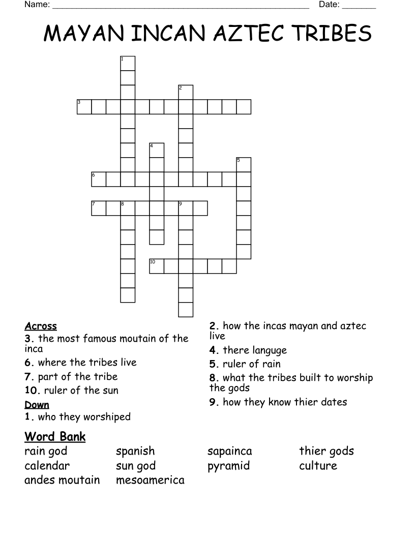 MAYAN INCAN AZTEC TRIBES Crossword