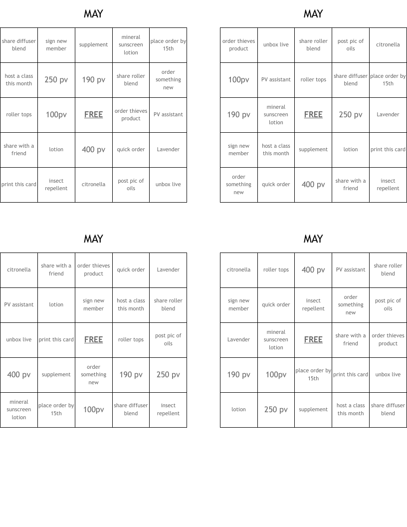 MAY Bingo Cards
