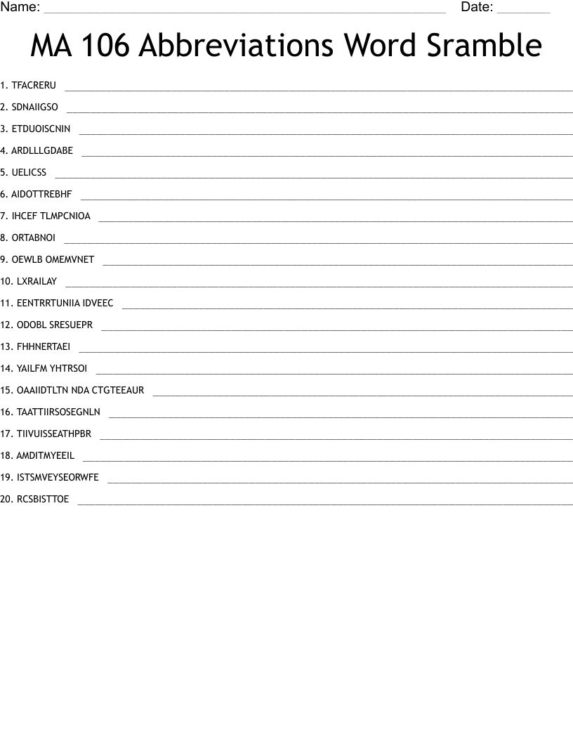 MA 106 Abbreviations Word Sramble Word Scramble