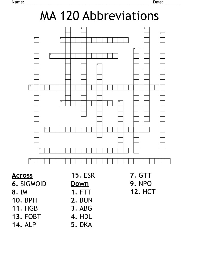MA 120 Abbreviations Crossword