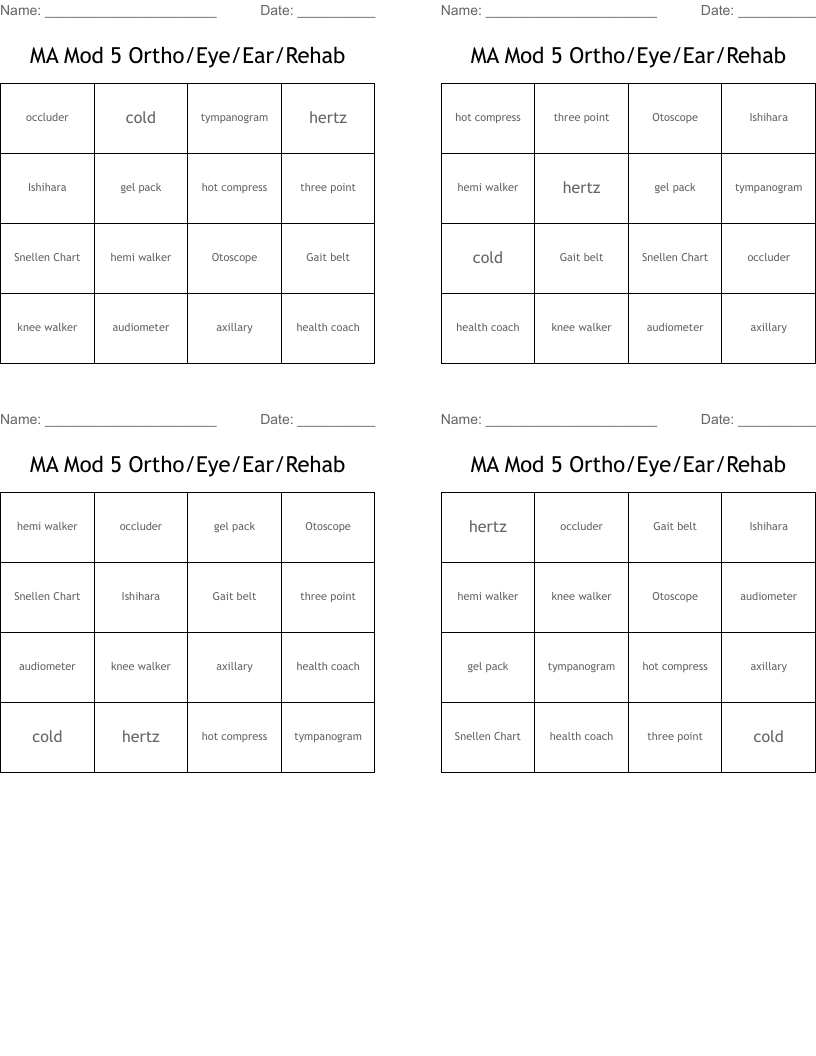 MA Mod 5  Ortho/Eye/Ear/Rehab  Bingo Cards