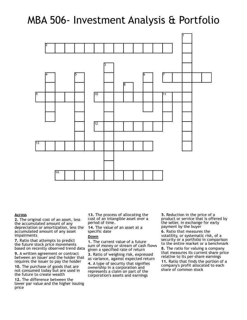MBA 506- Investment Analysis & Portfolio  Crossword