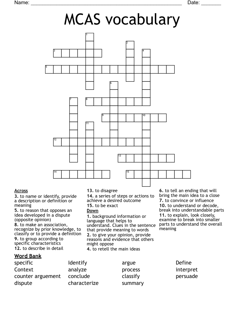 MCAS vocabulary Crossword