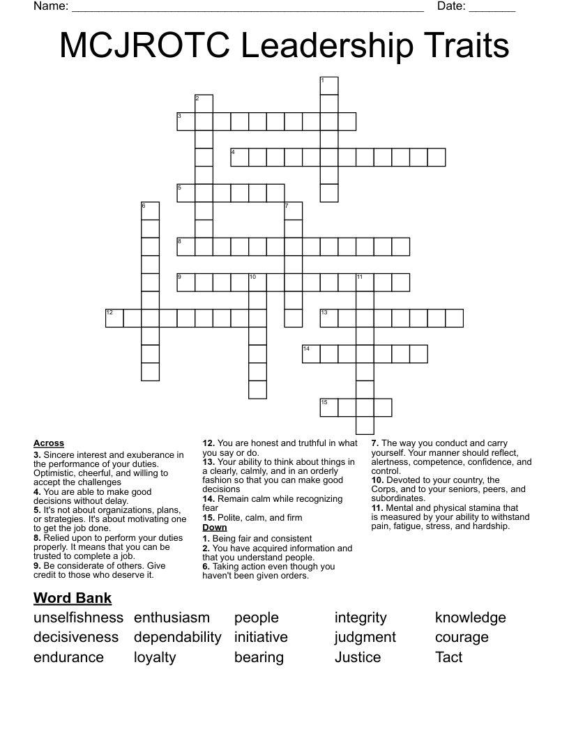 MCJROTC Leadership Traits Crossword