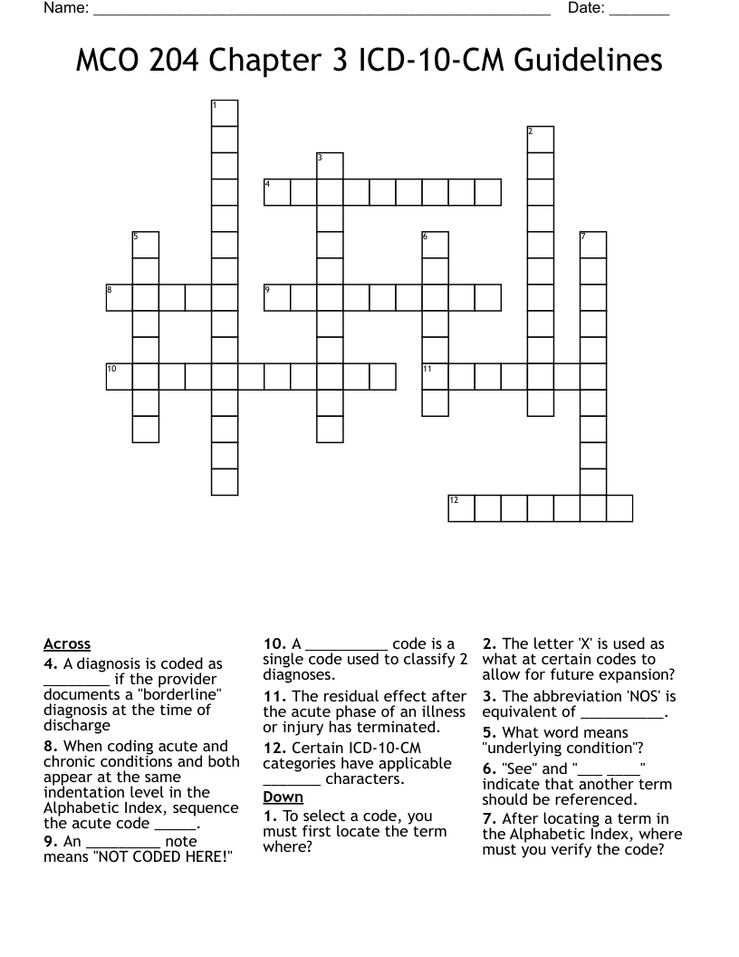 MCO 204 Chapter 3 ICD-10-CM Guidelines Crossword