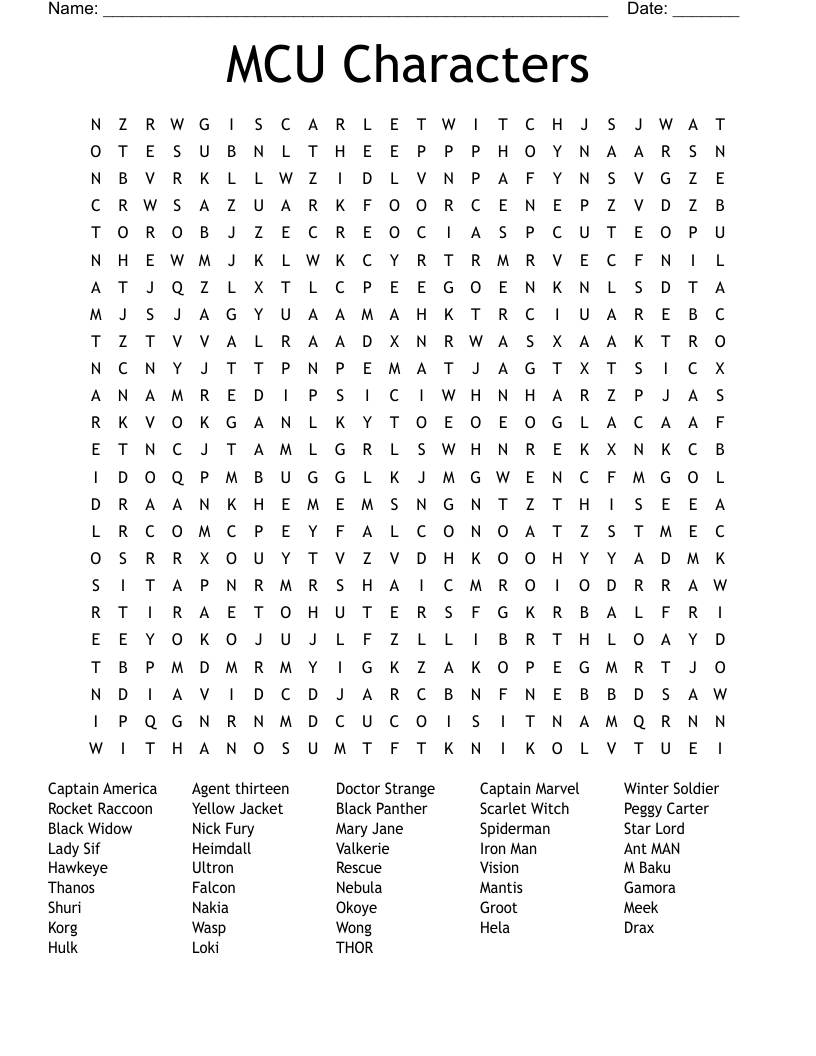 MCU Characters Word Search