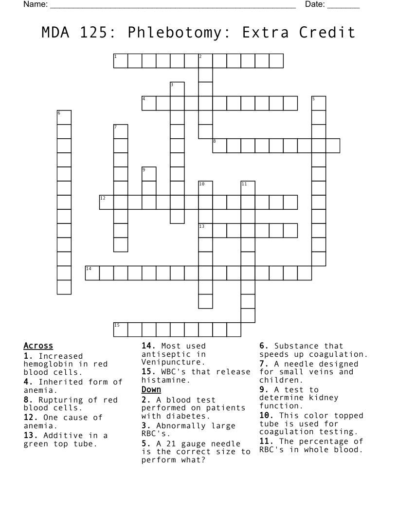 MDA 125: Phlebotomy: Extra Credit Crossword