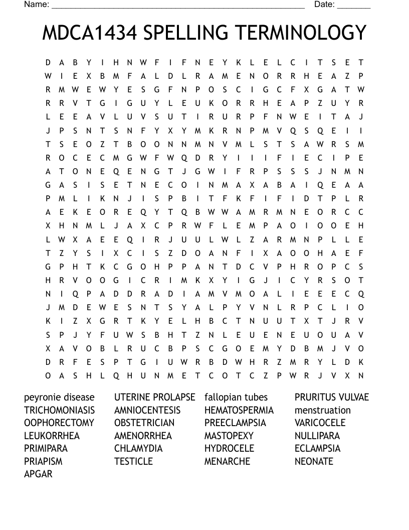 MDCA1434 SPELLING TERMINOLOGY Word Search