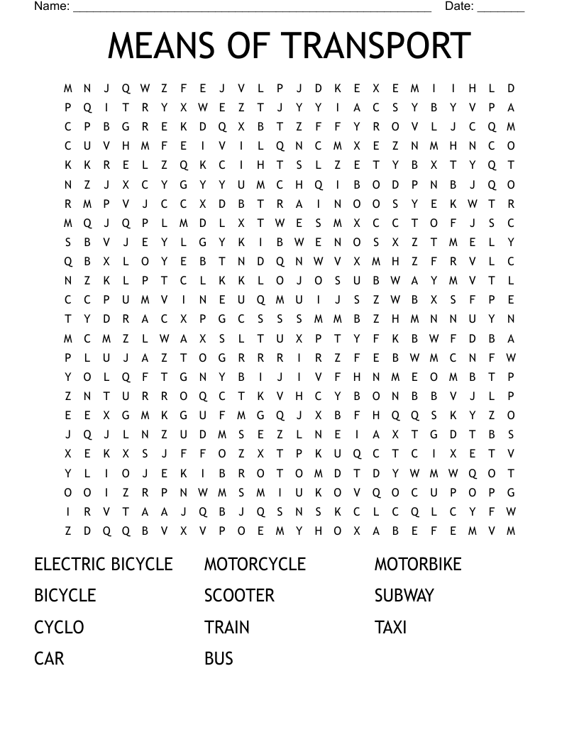MEANS OF TRANSPORT Word Search