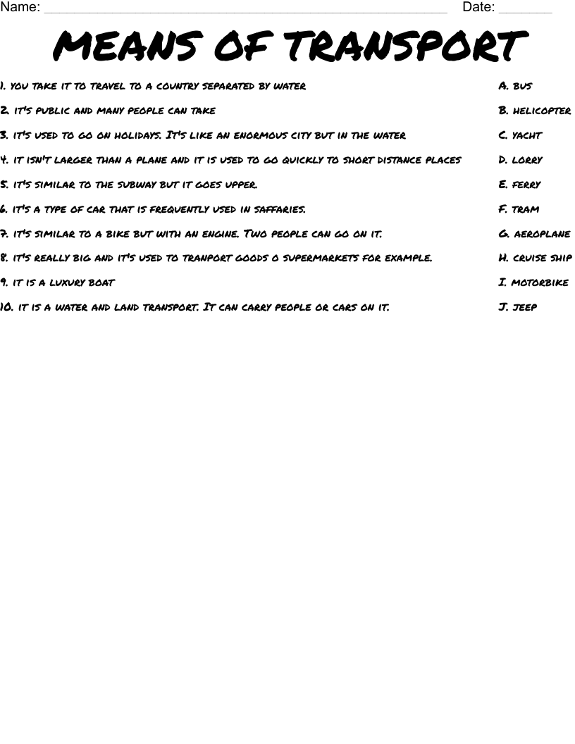 MEANS OF TRANSPORT  Worksheet