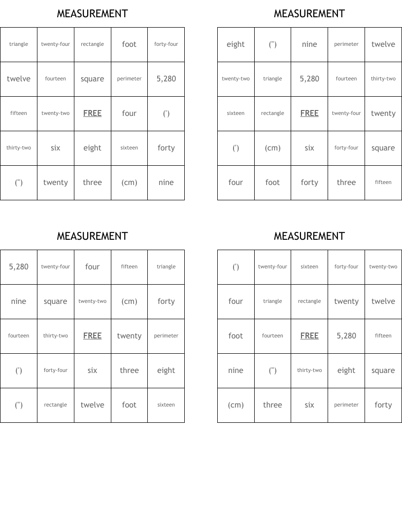 MEASUREMENT Bingo Cards