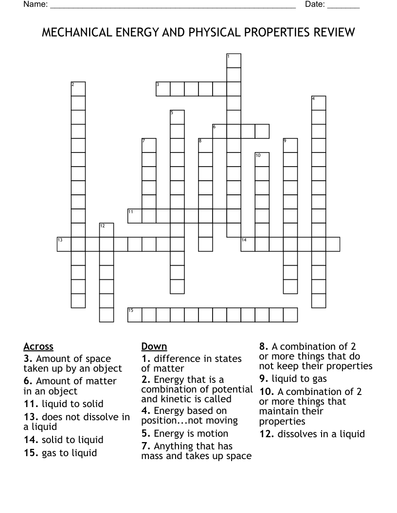 MECHANICAL ENERGY AND PHYSICAL PROPERTIES REVIEW Crossword