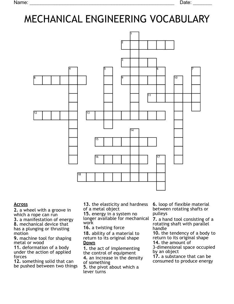 MECHANICAL ENGINEERING VOCABULARY Crossword