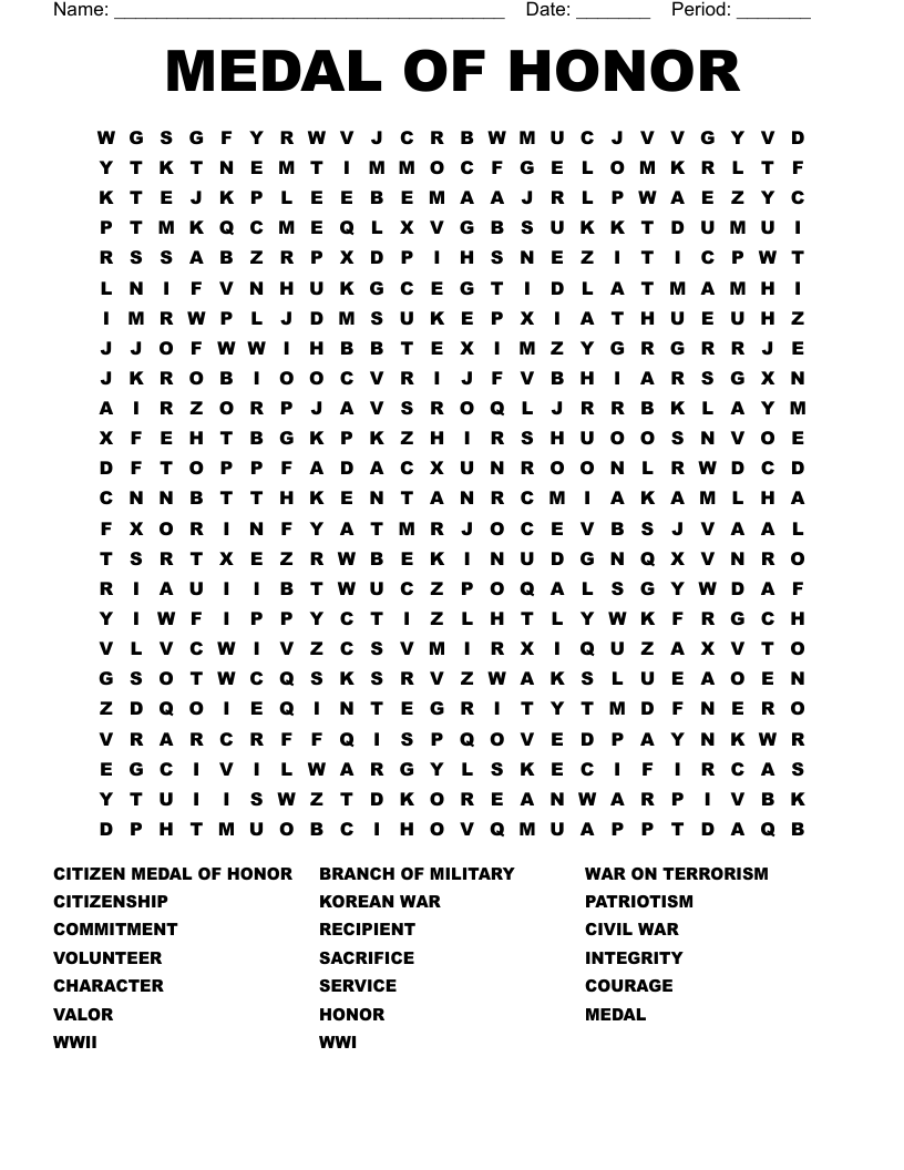 MEDAL OF HONOR Word Search