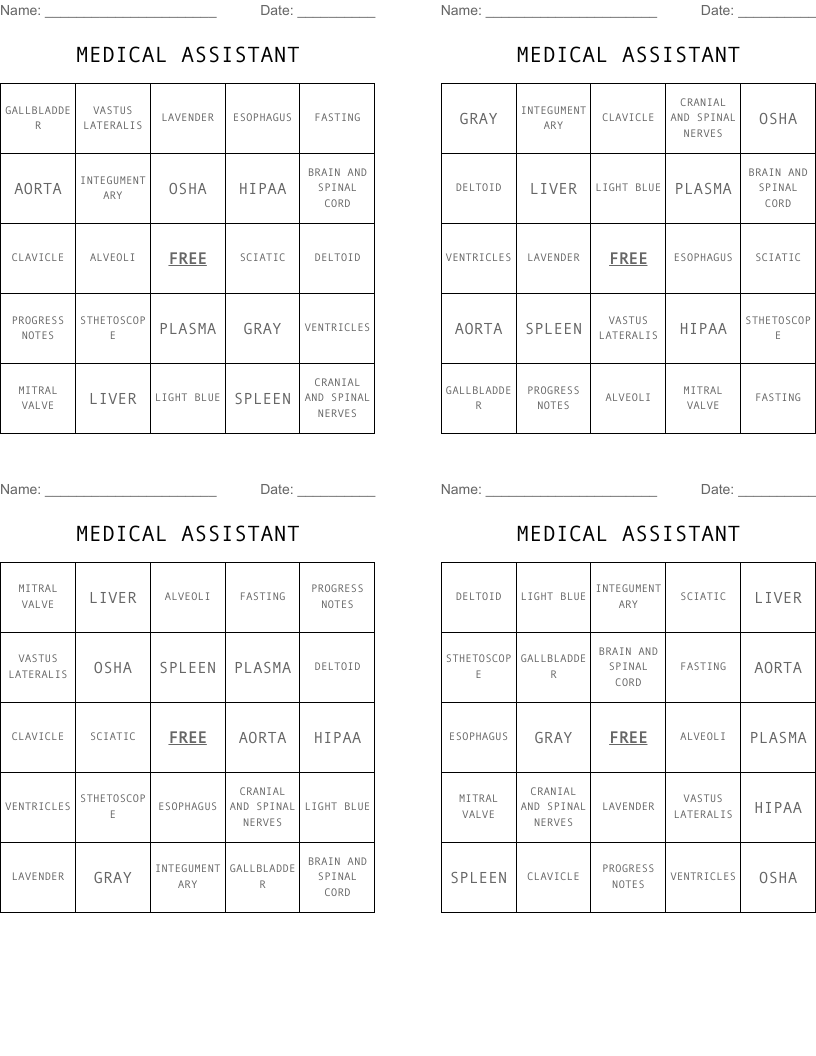 MEDICAL ASSISTANT Bingo Cards