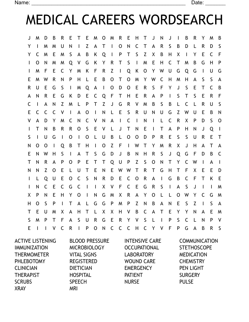 MEDICAL CAREERS WORDSEARCH