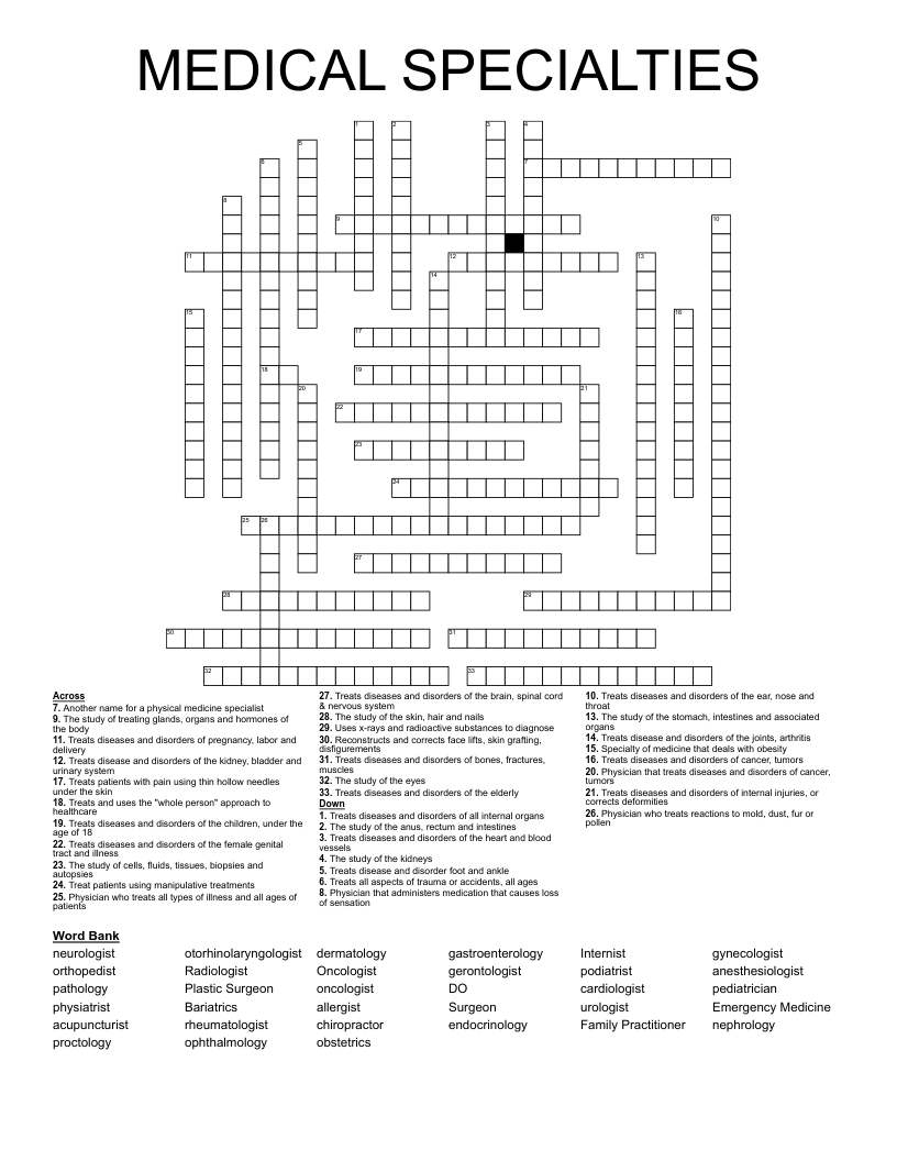 MEDICAL SPECIALTIES Crossword