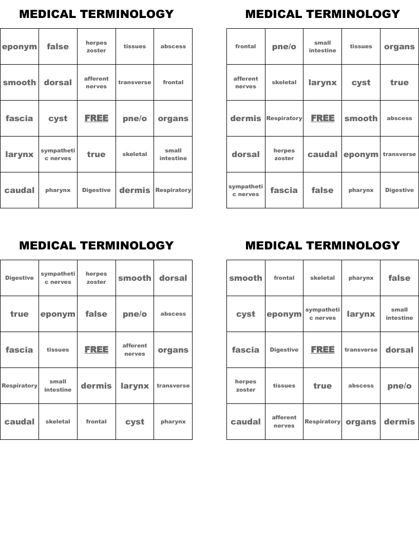 MEDICAL TERMINOLOGY Bingo Cards