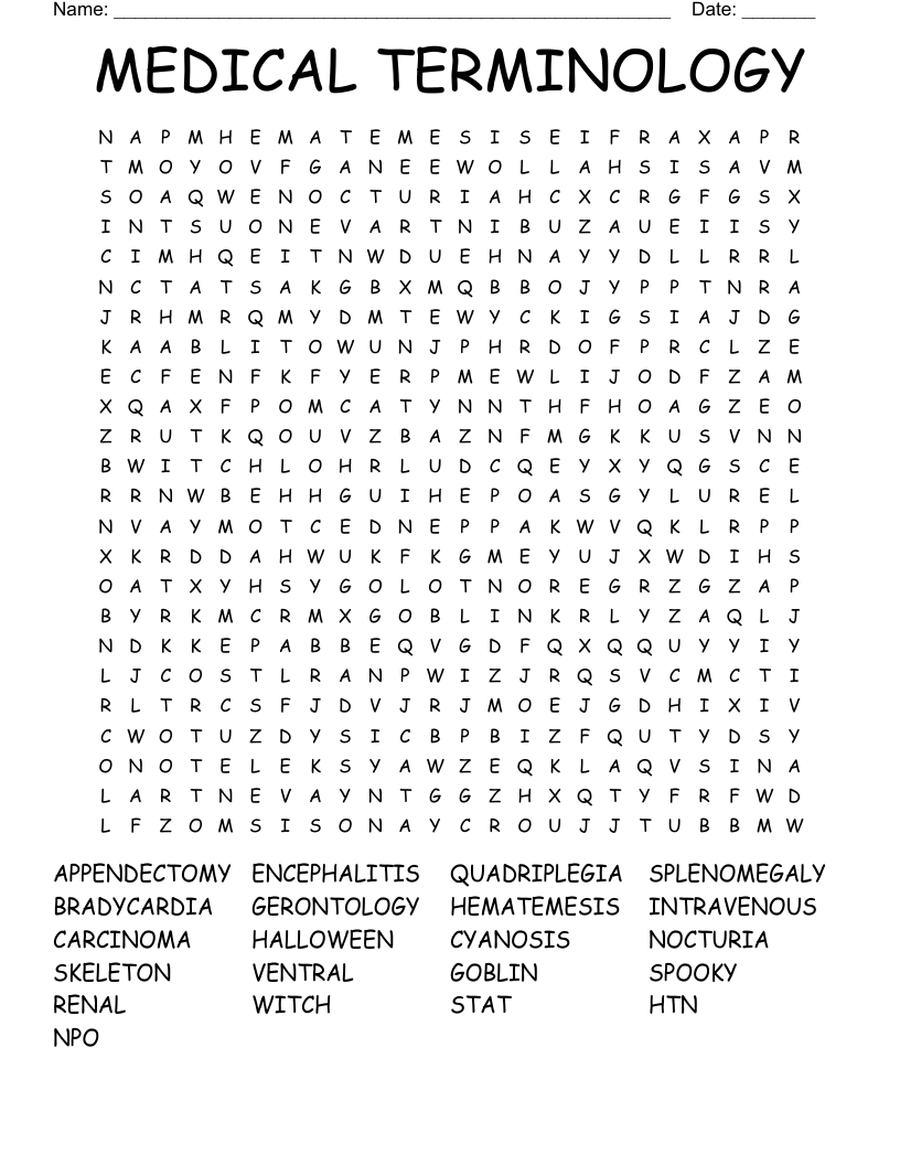 MEDICAL TERMINOLOGY Word Search