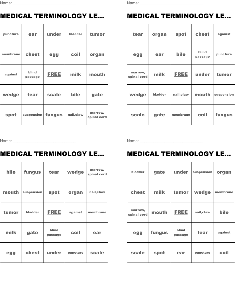 MEDICAL TERMINOLOGY LESSON 5 Bingo Cards