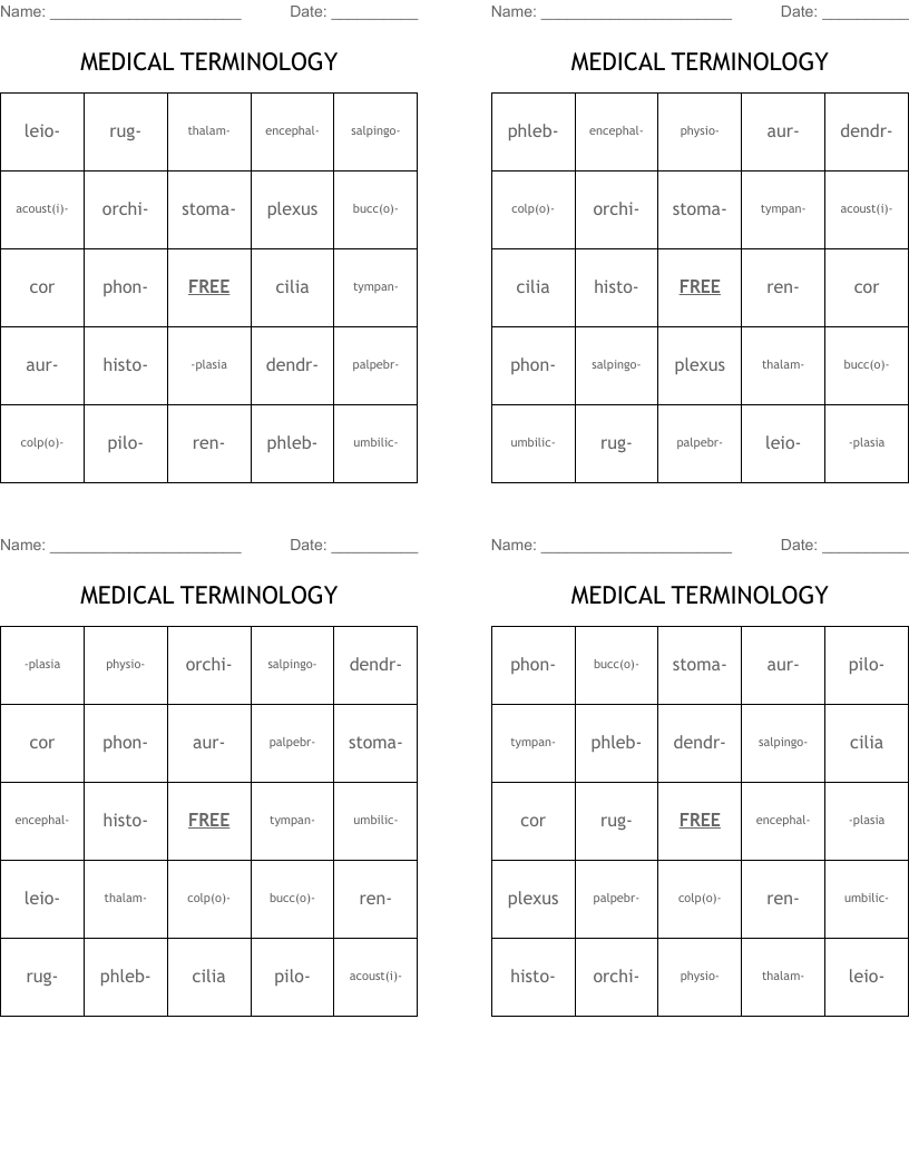 MEDICAL TERMINOLOGY  Bingo Cards