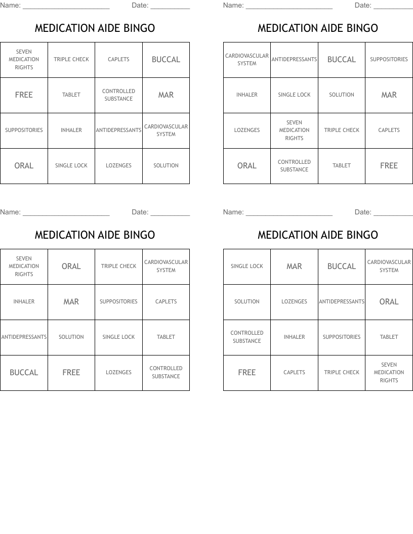 MEDICATION AIDE BINGO 