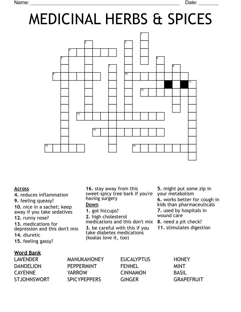 MEDICINAL HERBS & SPICES Crossword