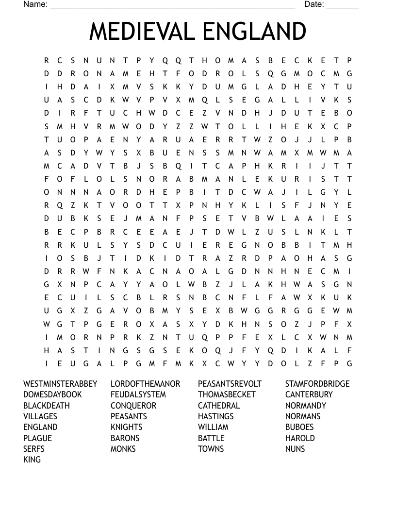 MEDIEVAL ENGLAND Word Search