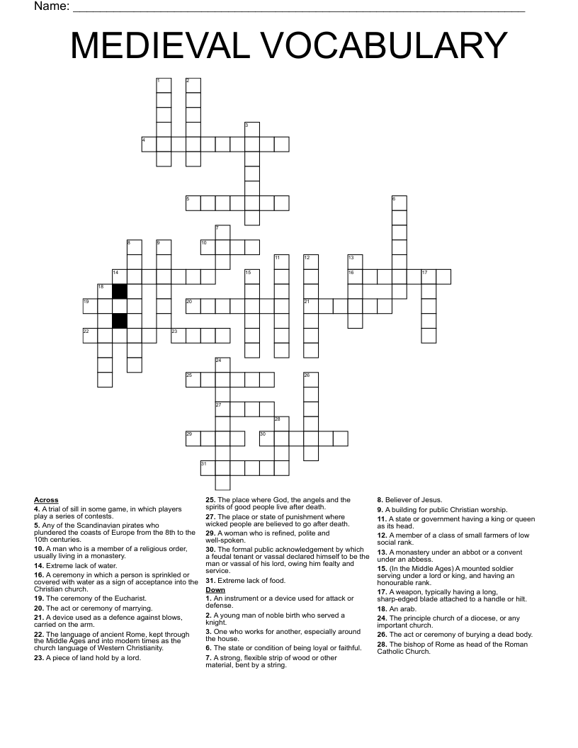 MEDIEVAL VOCABULARY Crossword