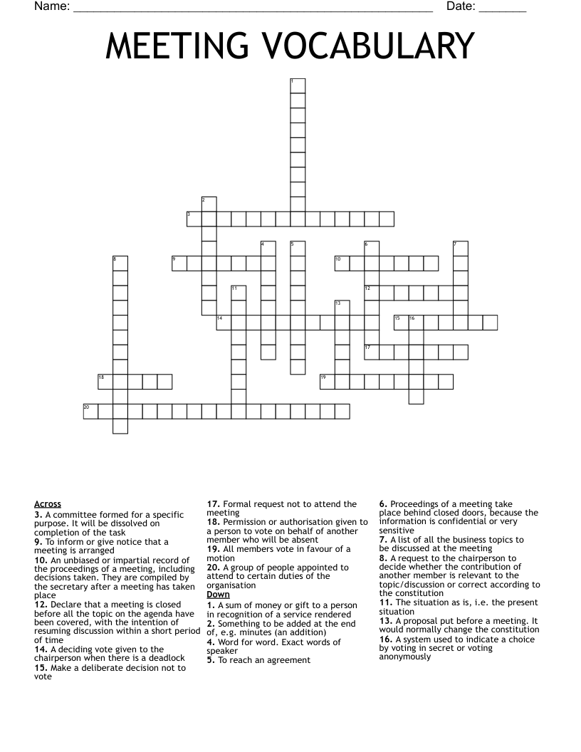 MEETING VOCABULARY Crossword